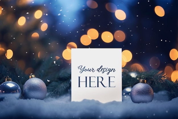 Greeting card mockup template with blue Christmas balls and tree soft bokeh effect lighting