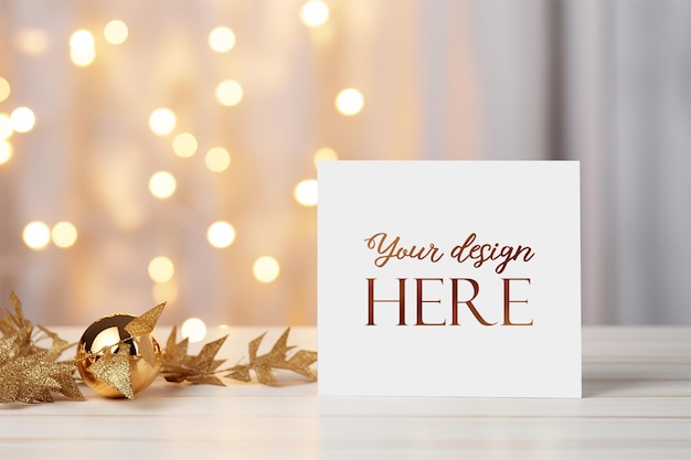 PSD greeting card mockup template with gold christmas decorations soft bokeh