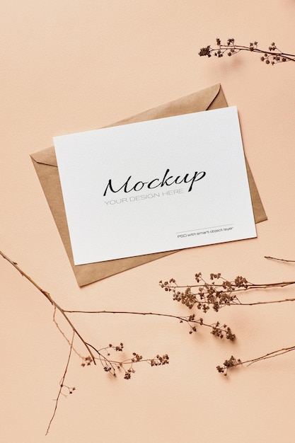 PSD greeting card mockup with dry nature plants twigs decorations