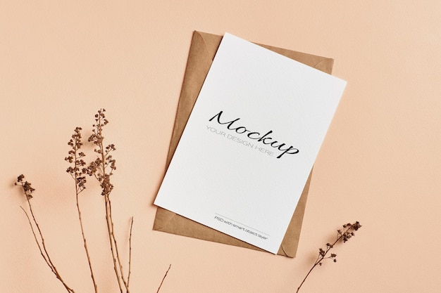 Greeting card mockup with dry nature plants twigs decorations