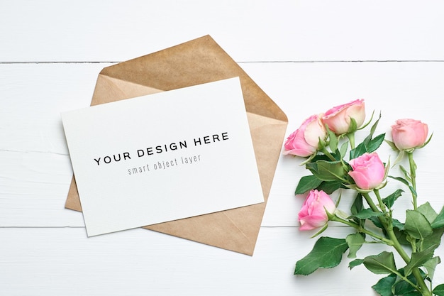 Greeting card mockup with envelope and roses flowers