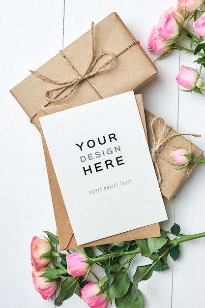 Greeting card mockup with gift boxes and roses flowers