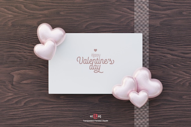 Greeting card mockup with love hearts on wooden background