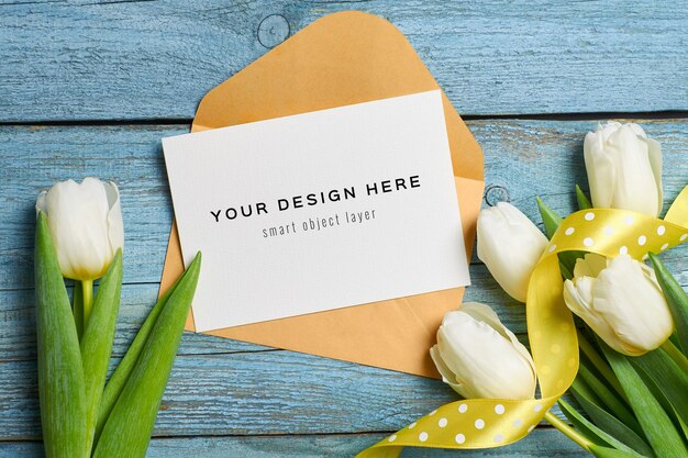 greeting card mockup with tulip flowers