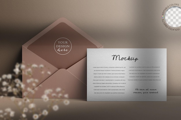 Greeting card photo frame post envelope mockup wedding invitation concept with dry flower decoration