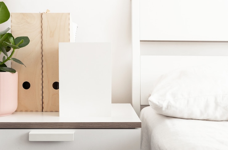 PSD greeting card and plant on the bedside table mockup