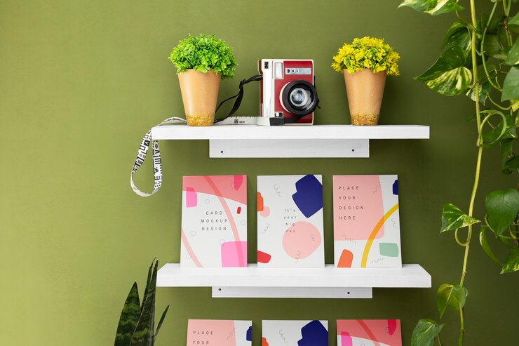 PSD greeting card on shelves mockup