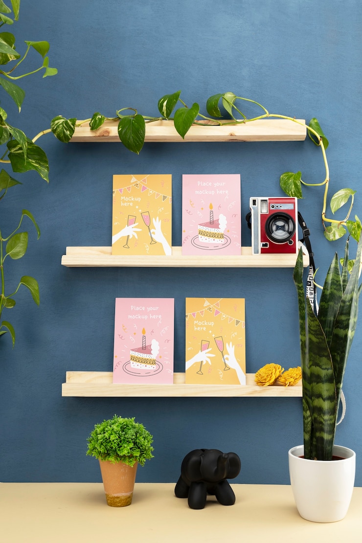PSD greeting card on shelves mockup