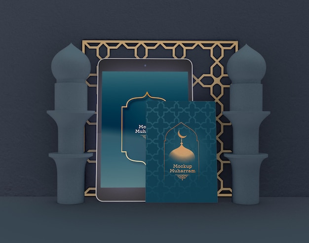 Greeting card with tablet mockup. eid mubarak. celebration of muslims community.