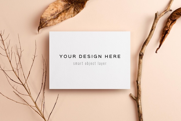 Greeting or invitation card mockup with nature decorations on beige background