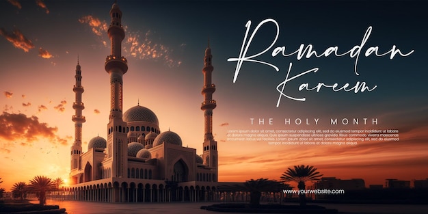 Greeting Ramadan Kareem with a mosque background, generative ai