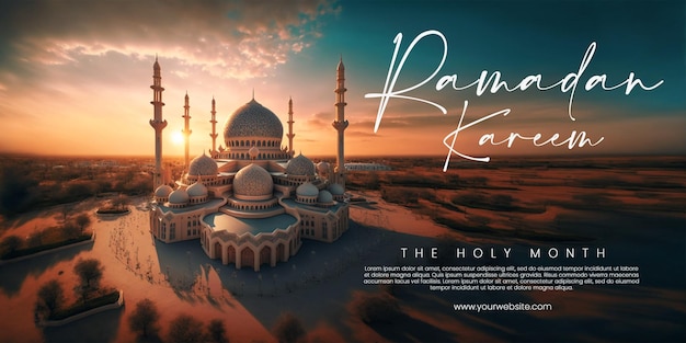 Greeting ramadan kareem with a mosque background, generative ai