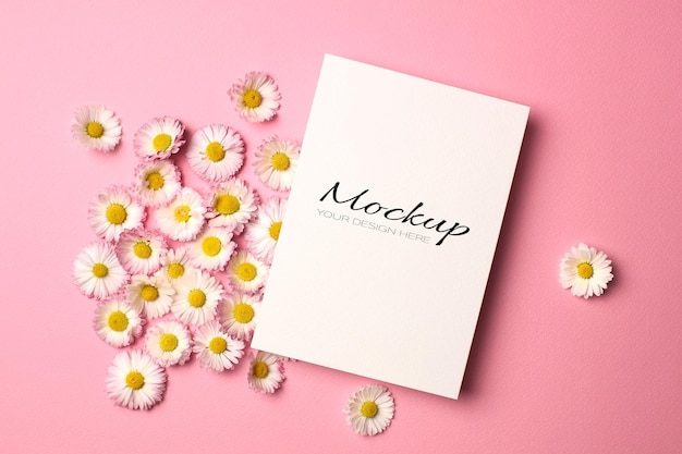 Greeting or wedding invitation or card mockup with daisy flowers 