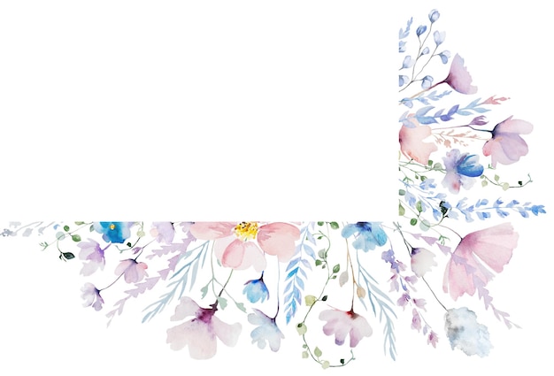 Grens gemaakt met handgetekende waterverf pastel wilde bloemen en bladeren geïsoleerde trouwillustratie