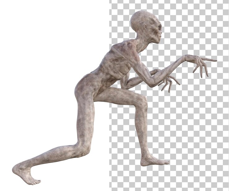 PSD grey alien on transparent background 3d render