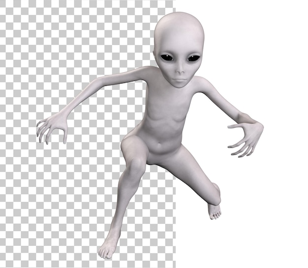 PSD grey alien on transparent background 3d render