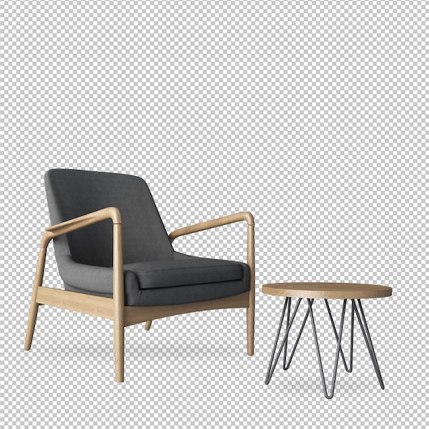 Серое кресло и стол в 3D-рендеринге