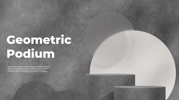 Grey concrete podium 3d rendering mockup in landscape with white circle and glass backdrop