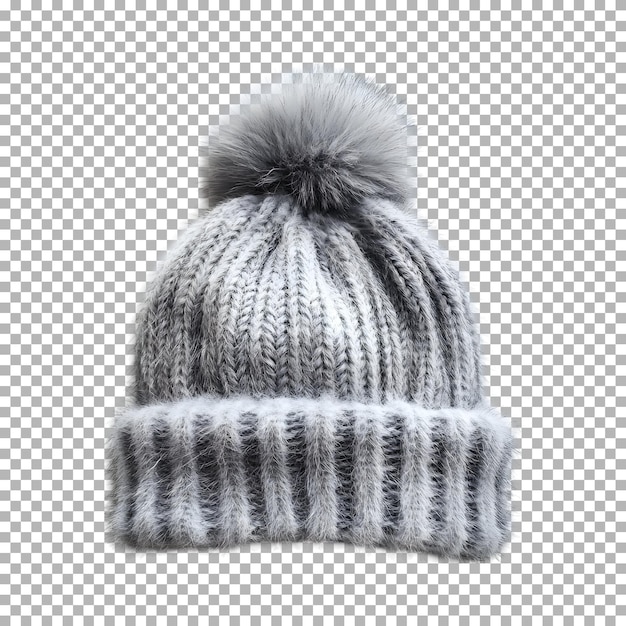 grey knitted pom pom beanie isolated on transparent background