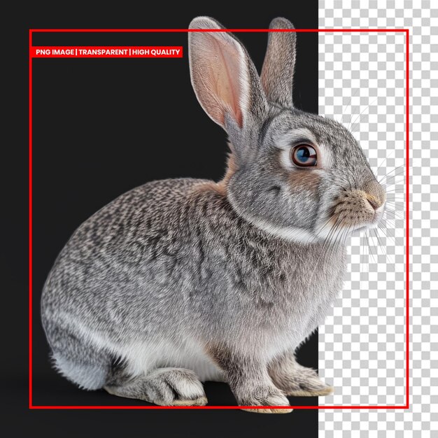 a grey rabbit sits on a transparent background looking to the right background removed