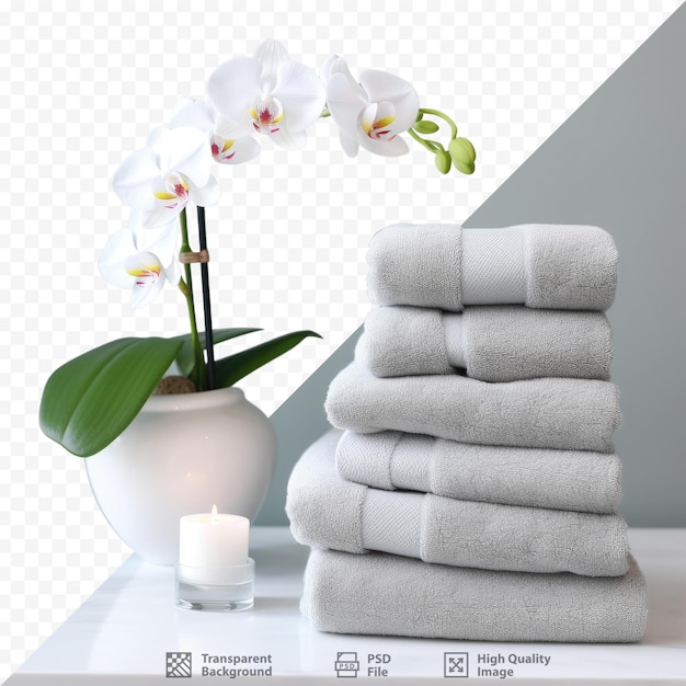 Серые свернутые полотенца с белой орхидеей украшают полку для ванной комнаты в роскошном отеле и спа-центре.