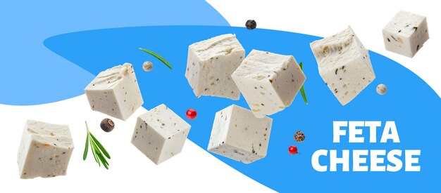 Griekse feta-kubussen met kruiden en specerijenbanner