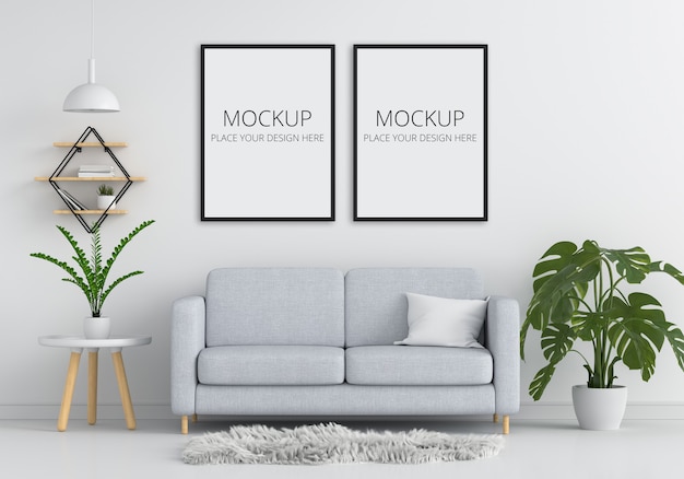 Grijze bank en tafel in witte woonkamer met frame mockup