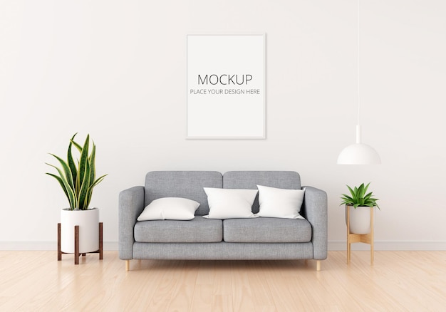 Grijze bank in witte woonkamer met frame mockup