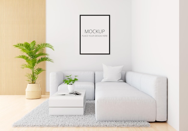 Grijze bank in witte woonkamer met frame mockup