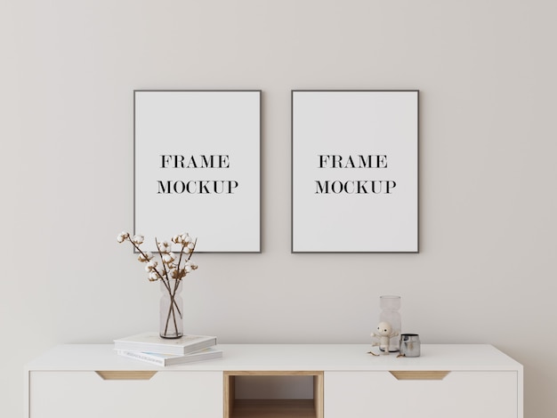 Grijze fotolijsten mockup boven consoletafel