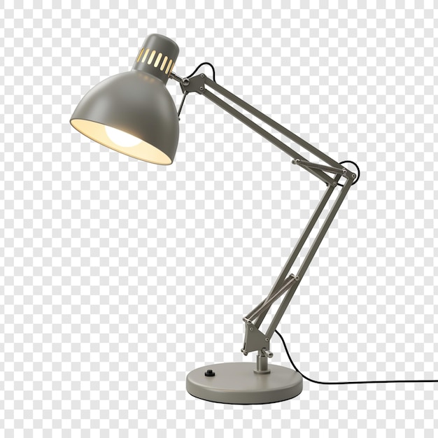 Grijze verstelbare bureaulamp met scharnierende arm op doorzichtige achtergrond