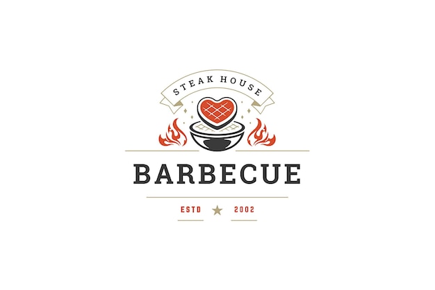 Grill barbecue art vintage logo design template meat steak heart shape cooking on fire flame