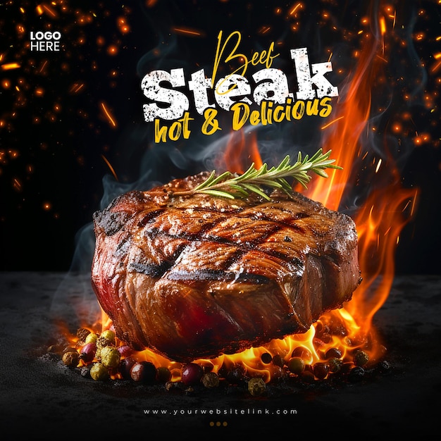 PSD grill beef steak heet en heerlijk sociale media instagram post sjabloon