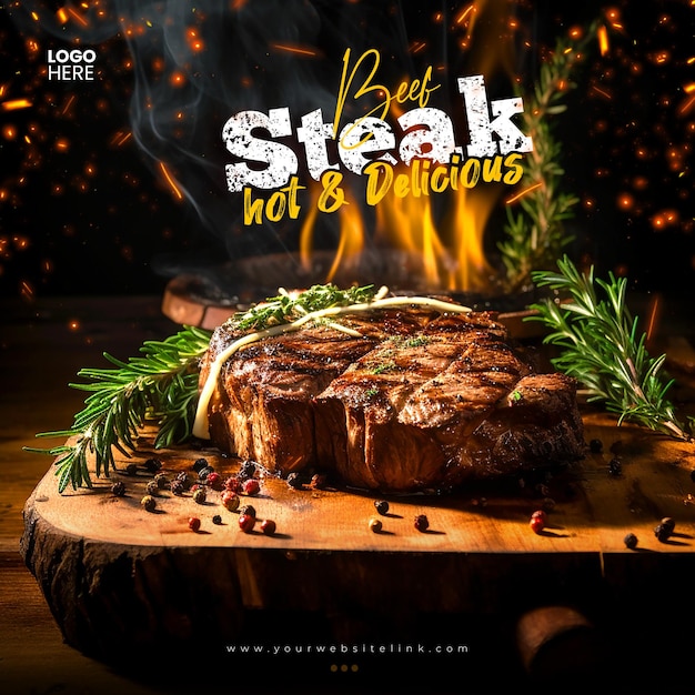 PSD grill beef steak hot and delicious social media instagram post template