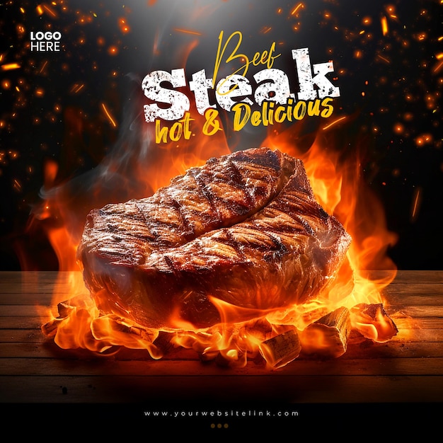 Grill beef steak hot and delicious social media instagram post template