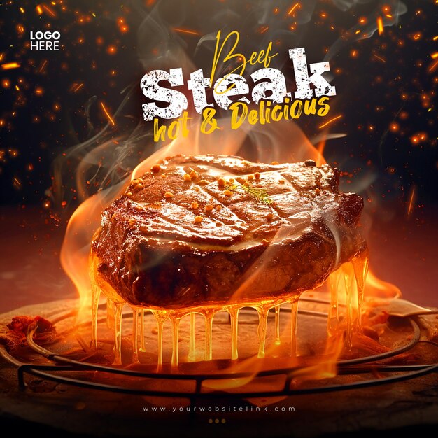 PSD grill beef steak hot and delicious social media instagram post template