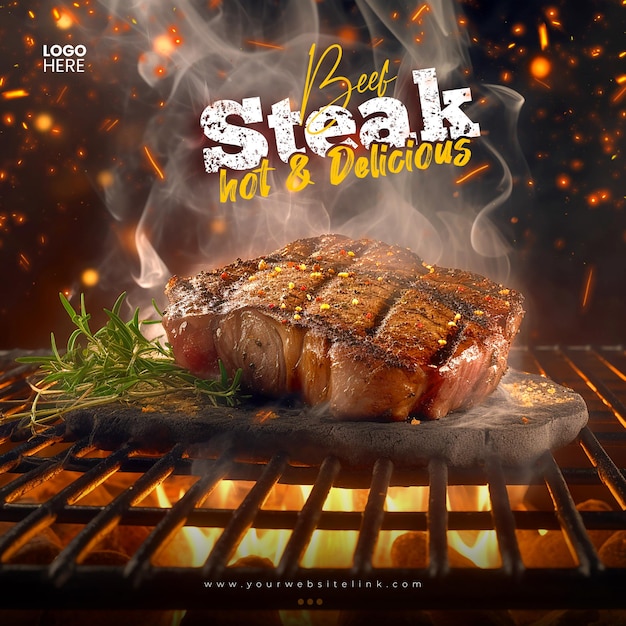 PSD grill beef steak hot and delicious social media instagram post template
