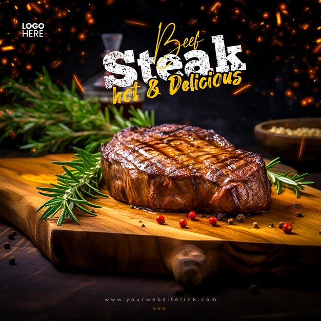 PSD grill beef steak hot and delicious social media instagram post template