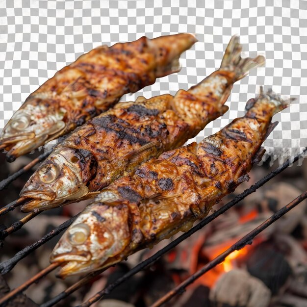 A grill with fish and fire in the background