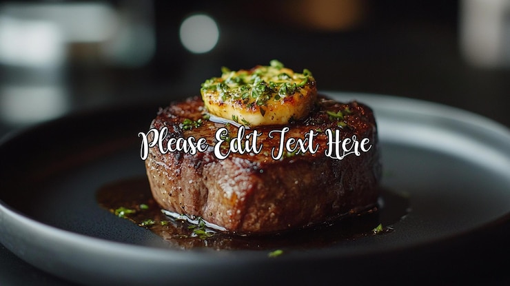PSD grilled beef steak with herb butter on dark plate