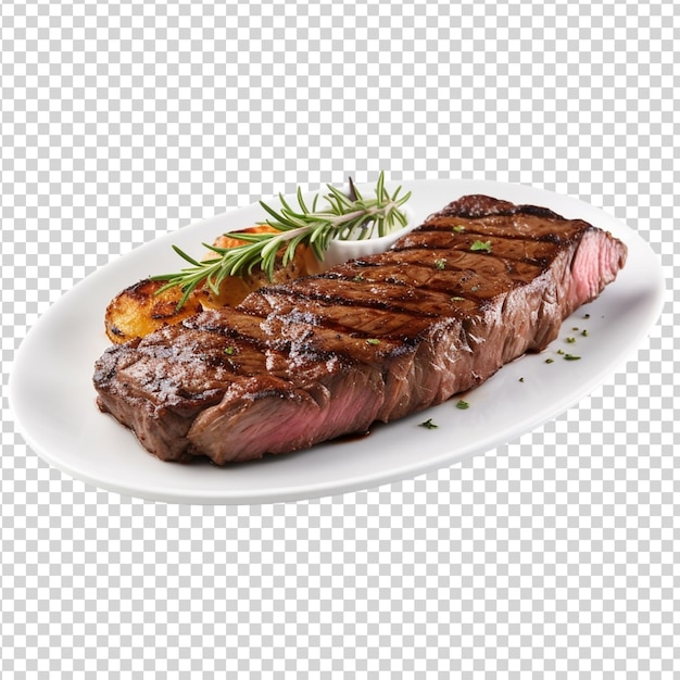 PSD grilled beef steak with rosemary on white plate isolated on transparent background