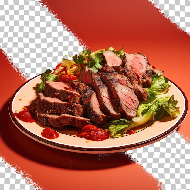 PSD grilled beef with lettuce and chili on a red plate transparent background