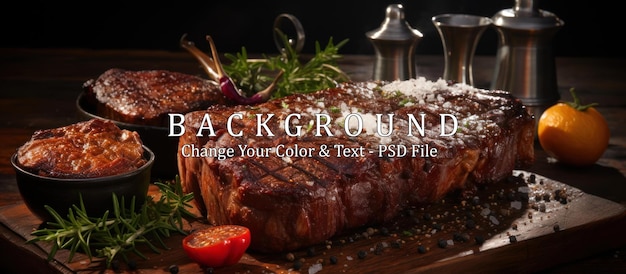 PSD grilled black angus beef tomahawk steak on bone served with salt pepper and rosemary on round slate cutting board over dark wooden plank kitchen table