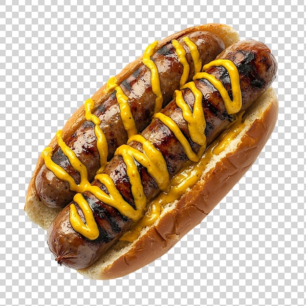 grilled bratwurst with mustard on bun isolated on transparent background