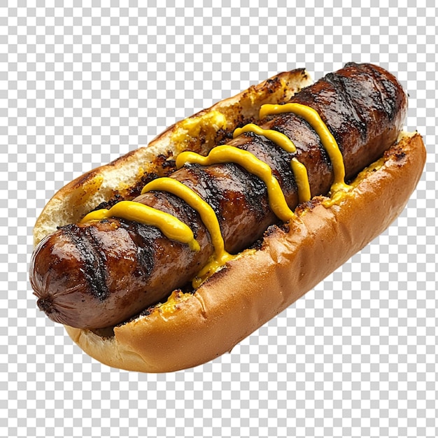 grilled bratwurst with mustard on bun isolated on transparent background