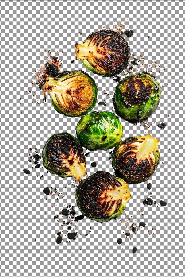 PSD grilled brussels sprouts crispy and charred ideal for veggies hyperrealistic isolated white plain