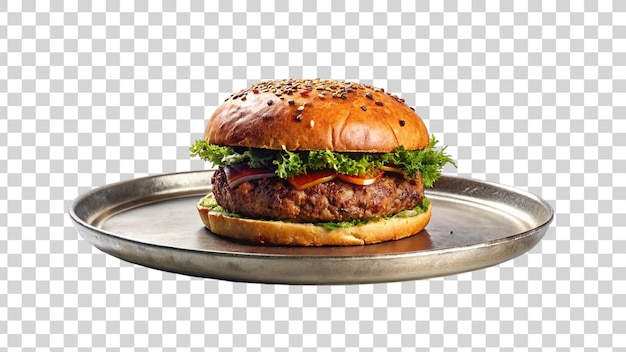 PSD Жареное говядино бургерное мясо на тарелке, изолированном на прозрачном фоне