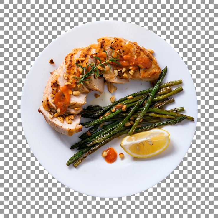PSD grilled chicken and asparagus on plate with transparent background