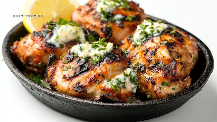 PSD grilled chicken breasts with herb butter sauce and lemon
