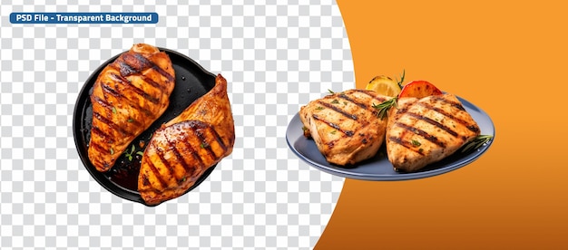 PSD grilled chicken collection top view on pan and side view on plate